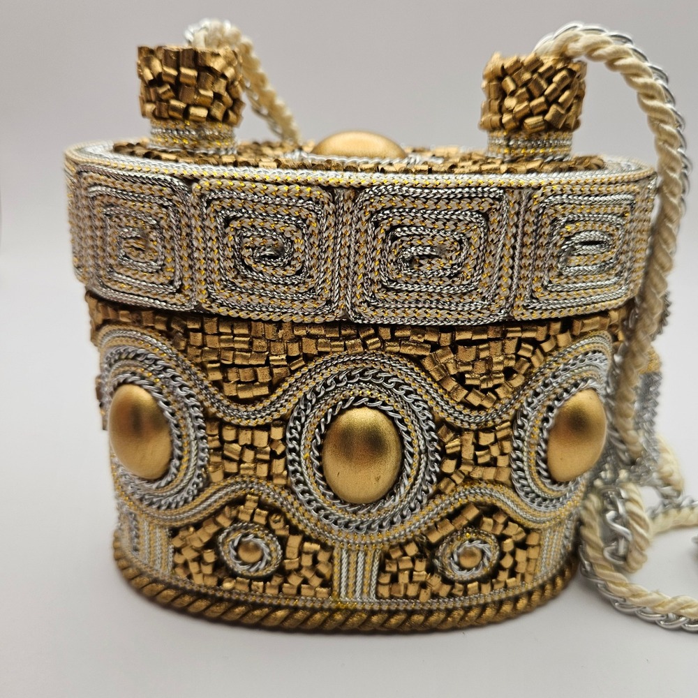 Vintage Mary Frances Gold Silver Beaded Minaudiere Evening Bag Handbag Purse - Picture 12 of 14